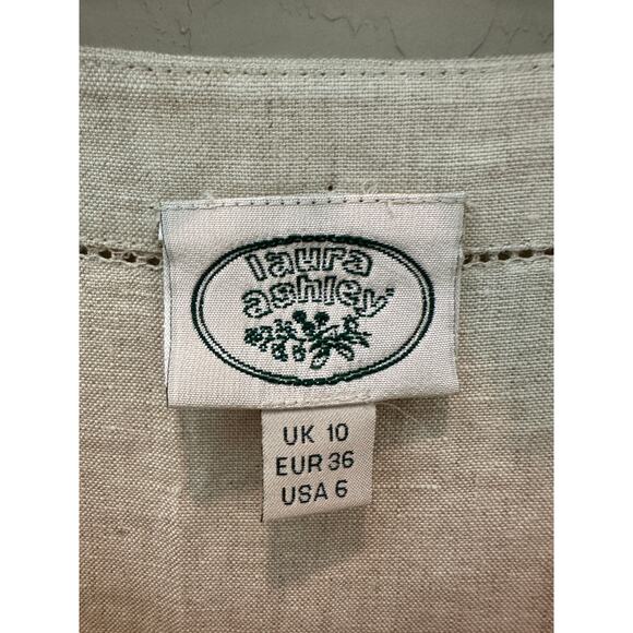 LAURA ASHLEY | Linen V-Neck Short Sleeve Midi Dress Beige Y2K | Size 6 - Picture 7 of 10